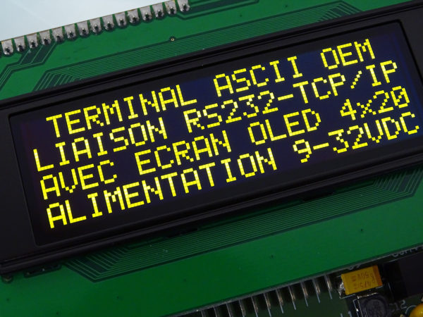 Terminal ASCII OEM RS232 / Ethernet avec afficheur OLED et gestion de 8 touches et 4 LEDs - Bornier d'alimentation 9-32V et prise Ethernet - Afficheur OLED contraste 2000:1