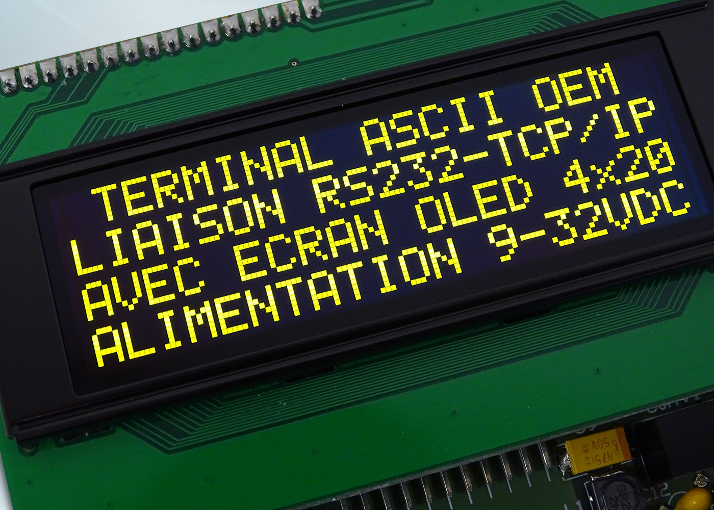 Terminal ASCII OEM RS232 / Ethernet avec afficheur OLED et gestion de 8 touches et 4 LEDs – Bornier d’alimentation 9-32V et prise Ethernet – Afficheur OLED contraste 2000:1